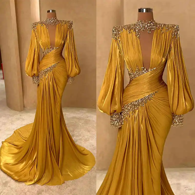 Glossy Mermaid Evening Dress Sexy Long Sleeve Luxury 3D Lace Beaded Folded Sleeveless Formal Occasion Ball Dress Size Customized