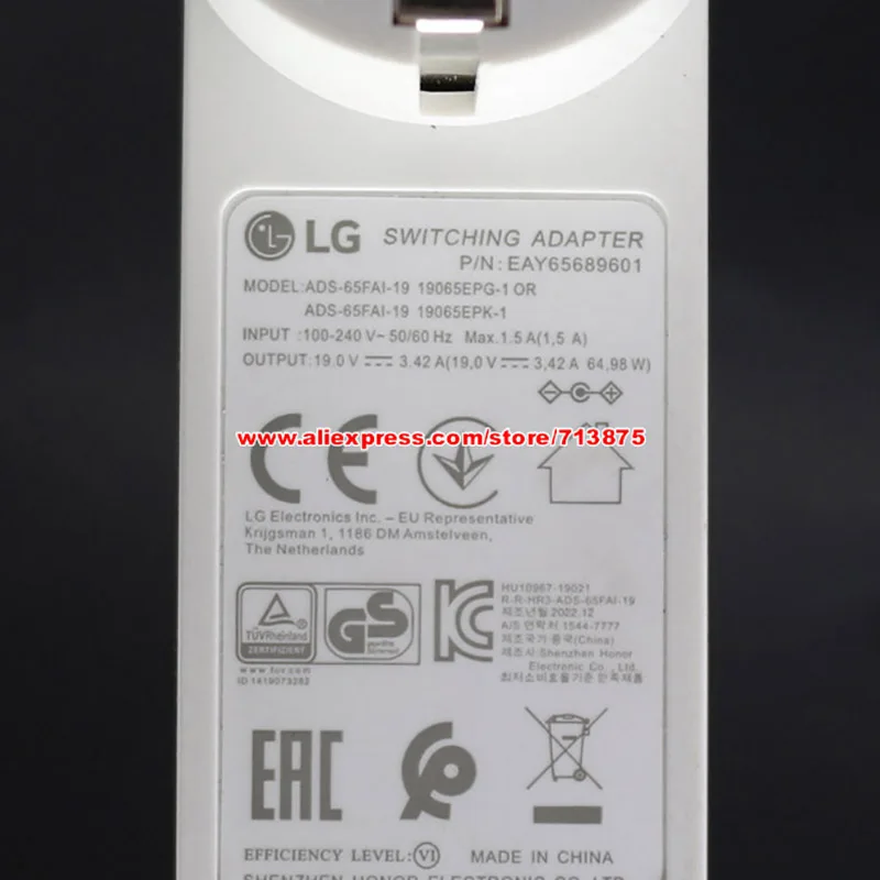 Adattatore CA originale con spina UE ADS-65FAI-19 19V3.42A per LG EAY 65689601   EAY 65689602   19065EPK-1 19065EPG-1 27GL850 con punta da 6,5X4,4 mm