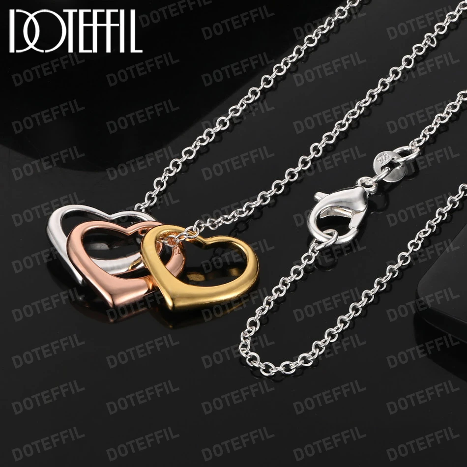 

DOTEFFIL Rose Gold Tricolor Heart Pendant Necklace 925 Sterling Silver 18 Inch Chain For Women Wedding Engagement Jewelry