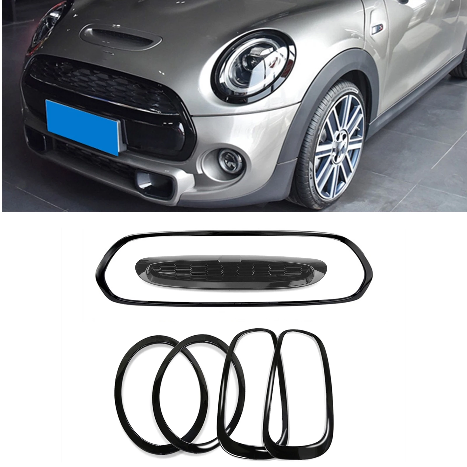 

For Mini Cooper S F55 F56 F57 JCW 2014-2021 Front+Rear Lamp Cover Headlight Frame+Engine Hood Scoop+Grille Grill Bezel Trim Kit