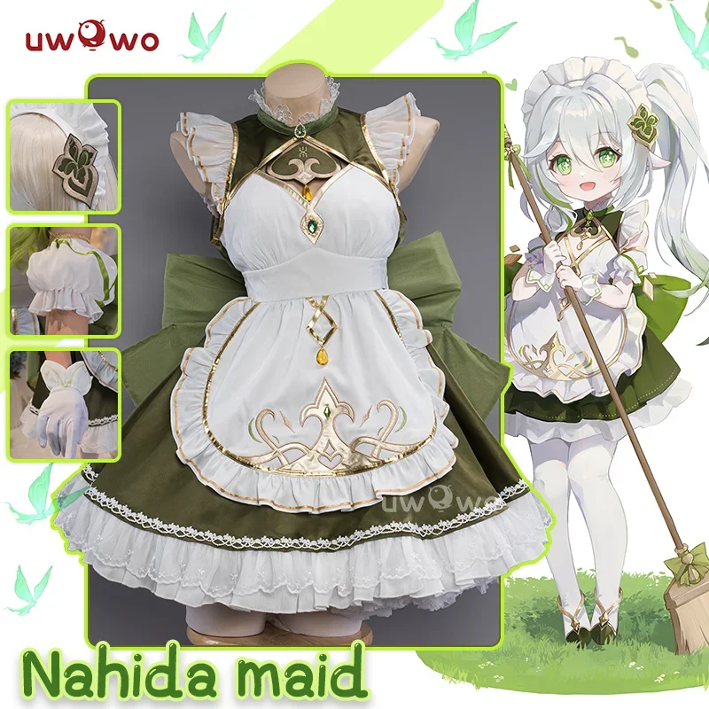 In stock Nahida cosplay Genshin impact cosplay fanart Nahida cute maid cosplay maid dress ice-green Halloween outfit