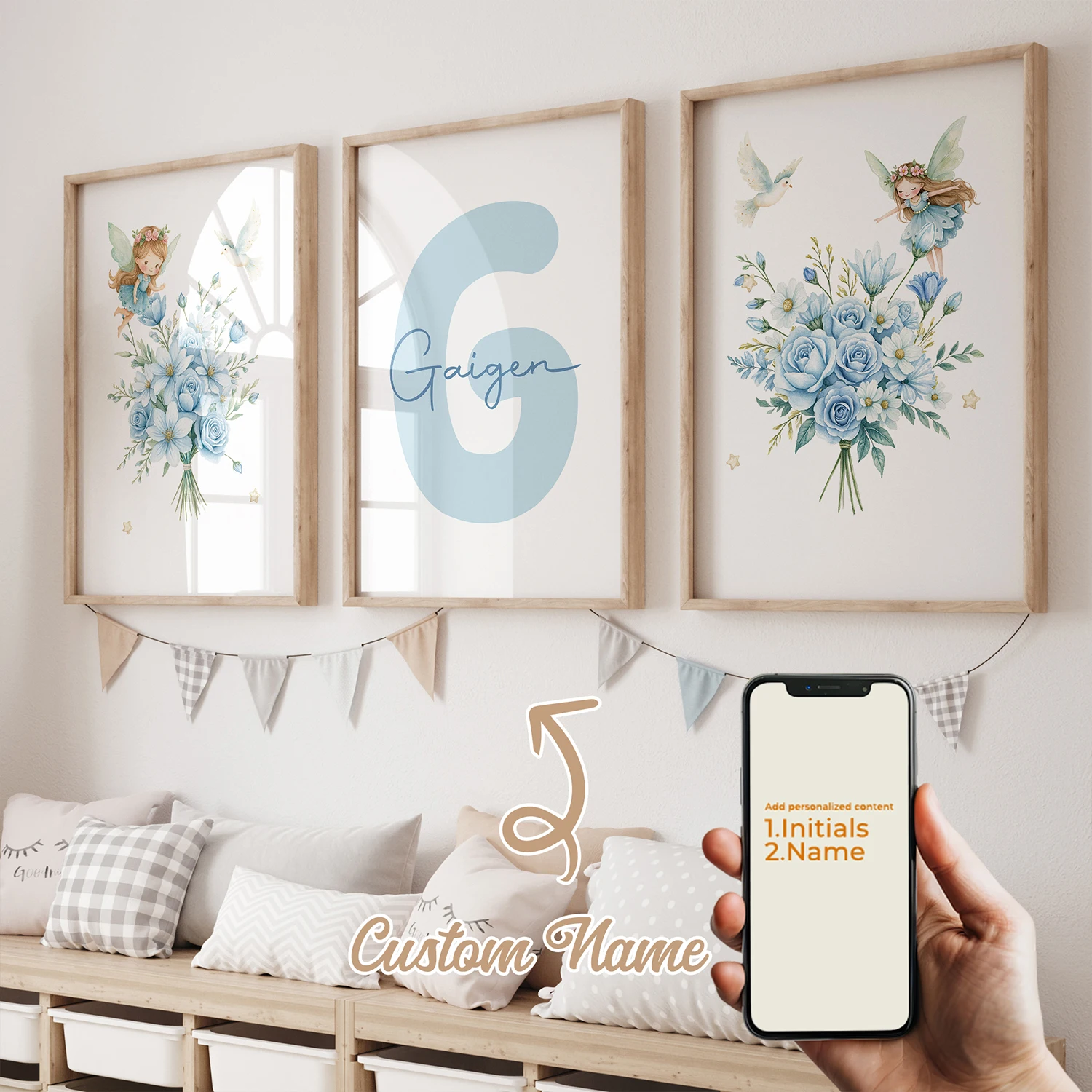 3 uds nombre personalizado lindo elfo azul pájaro flor pared arte impresión imagen sala de estar niños habitación decoración del hogar