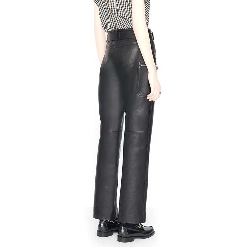 Spring Autumn Cool Black Genuine Leather Pants with Zipper Belt Luxury Designer Fashion Pants Women Elastic Leather Trousers