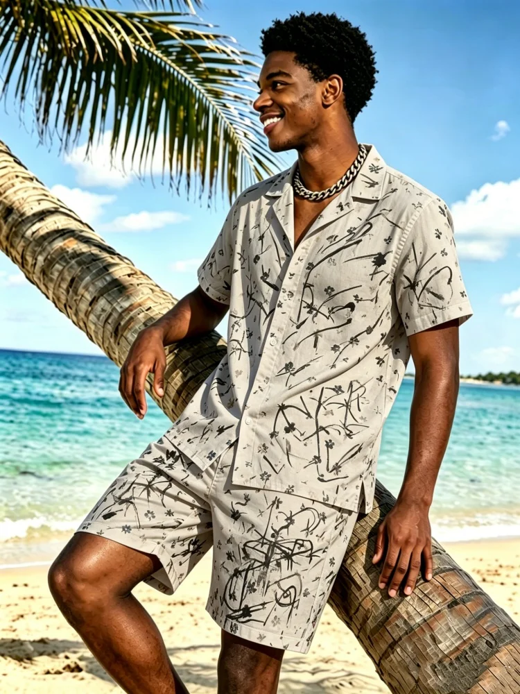 

Men's Short Sleeve Lapel Shirt & Shorts Set, Loose Comfort Abstract Ink Print Casual Summer Outfit