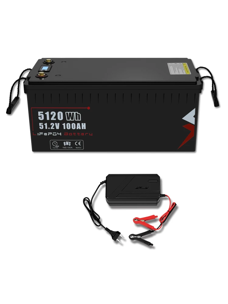 48V 100AH LiFePO4-Akkupack mit integriertem 100A BMS 58,4V Ladegerät, A-Klasse, 6000 Zyklen, für Solarstromspeicher, Wohnmobile, Golfcarts, Bootsmotoren