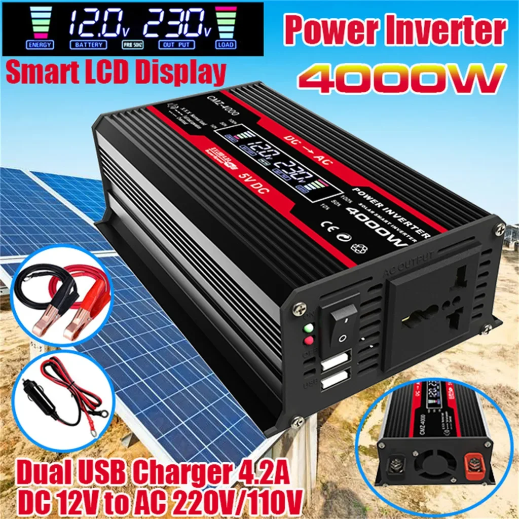 4000W Car Power Inverter 12V to 110V/220V with LCD Display Modified Sine Wave Voltage Transformer Car Adapter Charge Converter