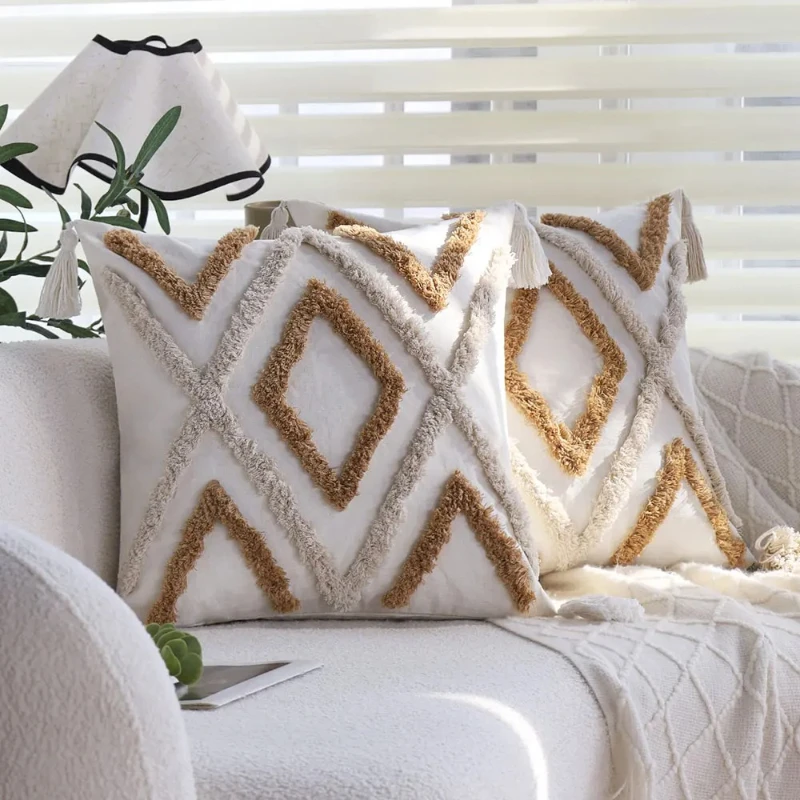 

2 Pcs Canvas Pillow Covers 18x18inch Single-sided Diamond Pattern With Tassel Decorative For Couch Living Room Pillow Covers
