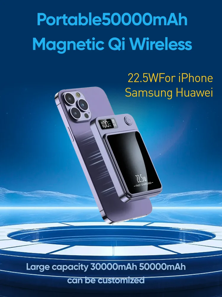 Portable50000mAh Magnetic Qi Wireless Charger Power Bank 22.5W Super Fast Charging Mini Powerbank For iPhone Samsung Huawei