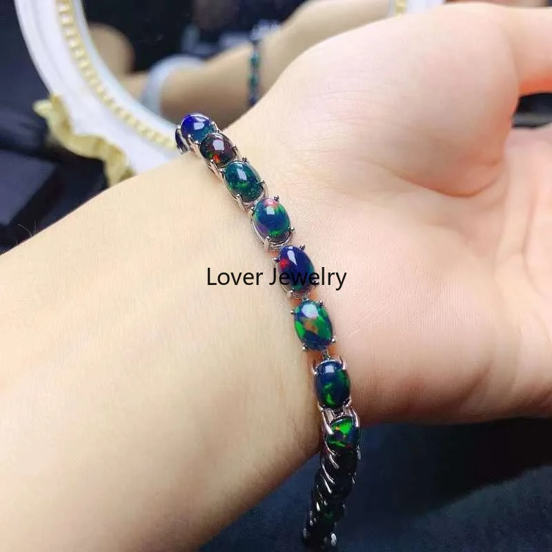 YULEM Natural Opal Bracelet Stone 5mm*7mm 20pcs Black Opal Bracelet with Beautiful Fire Color 925 Silver Bracelets for Women