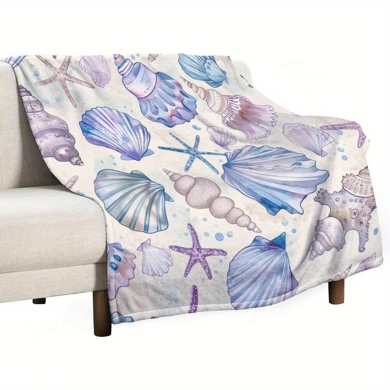 Valentine's Day Blanket Colorful Conch Starfish Throw Blanket, Soft Cozy Warm Coastal Seashell