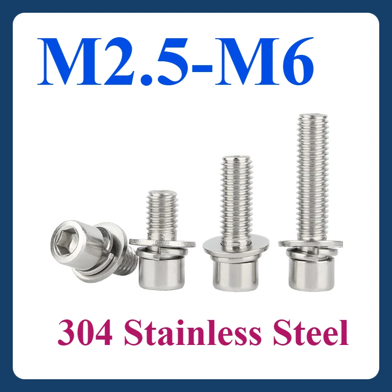 

M2.5 M3 M4 M5 M6 M8 304 Stainless Steel Hexagon Socket Head Knurled With Washers Three Combination Machine Screw