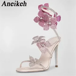 Aneikeh NEW Summer Fashion Flower Crystal Shaped Round Toe Thin Heels Head Bling Sandals Party Women Pumps Shoes Sweet Slip-On
