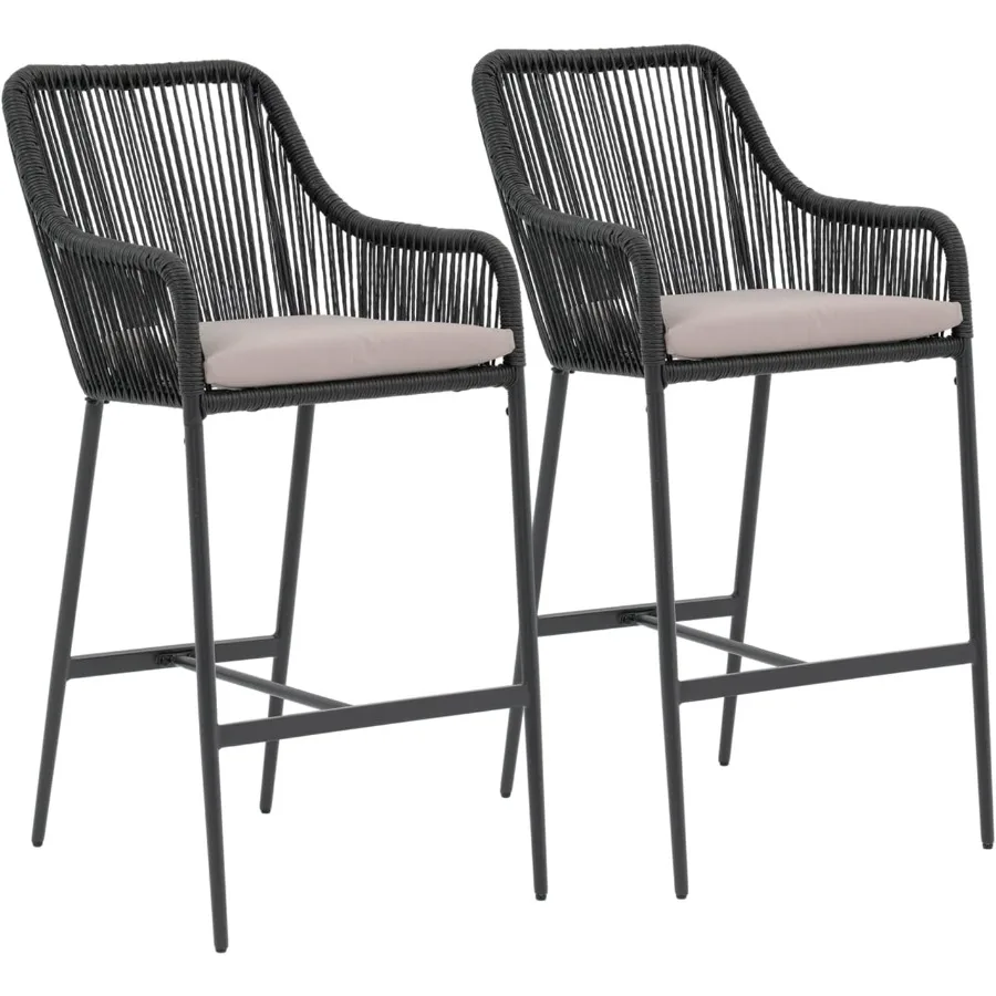 Barhocker aus Korbgeflecht, 2er-Set, Terrasse, Outdoor, Rattan-Seil, Barhöhenstühle mit Kissen, Armlehne und Fußstütze für Innengarten, Poo