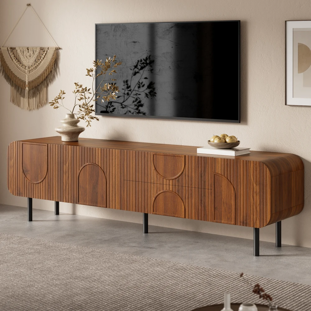 PINGGO TV-Ständer mit 3 Türen, 2 Schubladen, vertikaler Rillenstruktur, gewölbten Metallbeinen, Mid-Century-Stil, Kabelmanagement, Wohnzimmer-Aufbewahrung