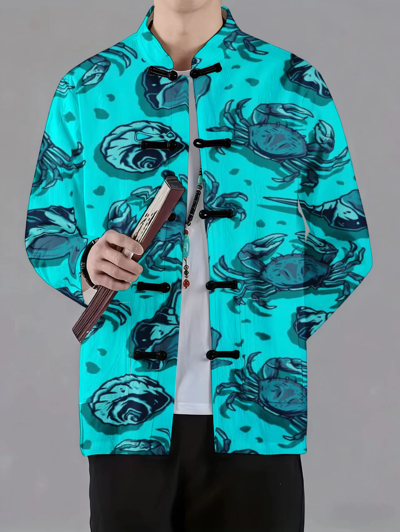 Men Mandarin Collar Frog Button Long Sleeve Jacket Marine Animal Ocean Theme Print Casual Outerwear With Side Pockets - view 5