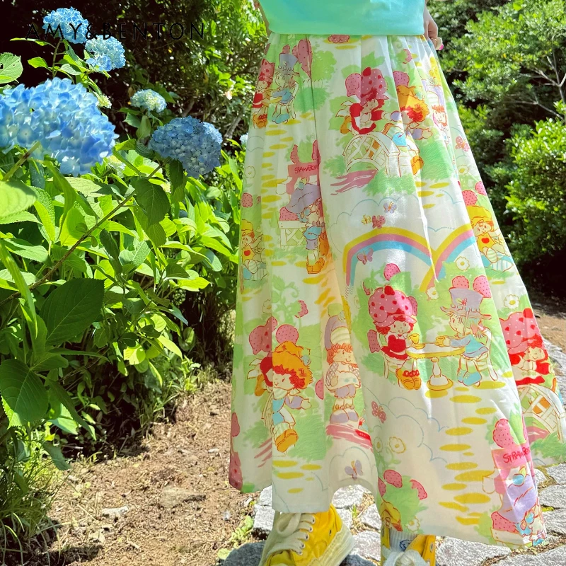 

Japanese Fresh Childlike Cute Cartoon Anime Print Women's Long Skirt New Loose Casual Elastic High Waist Slimming Skirts Ladies
