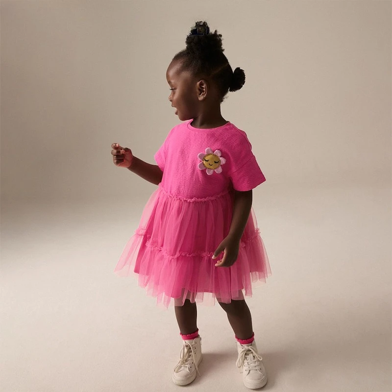 

2025 Summer New Girl Round Neck Cute Sunflower Doll Splicing Mesh Princess Dress