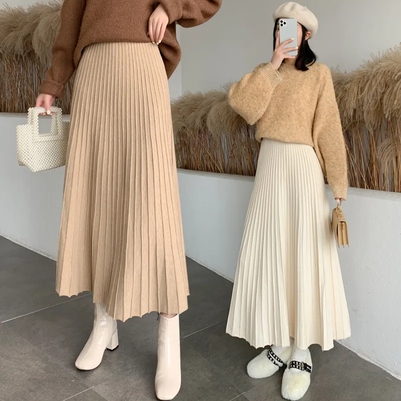 New Knitted Half Pleated Sweater Dress All-match High Waist Large Swing A- Line Hip Skirt Saia Plissada Feminina Ropa Para Mujer