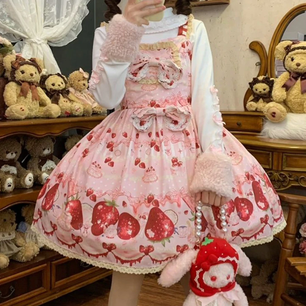 

Design Lolita Strawberry Print Cute JSK Suspender Dress Sweet Cat Lolita Daily Lolita Cape Jsk Dress Set Spring