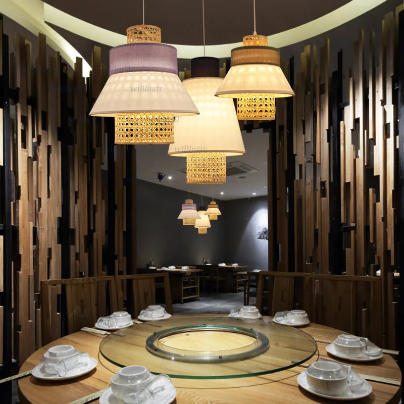 Fabric Bamboo Pendant Lamp Purple Blue Green Hotel Cafe Lounge Bedside Dining Room Ceiling Chandelier Suspension Hanging Light
