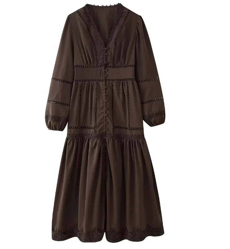 Elegante V-hals Kant Uitgesneden Maxi Jurk Vrouwen Bladerdeeg Mouw Borduren Riem A-lijn Elegante Lente Nieuwe Dame Gewaden Zomer 2025,