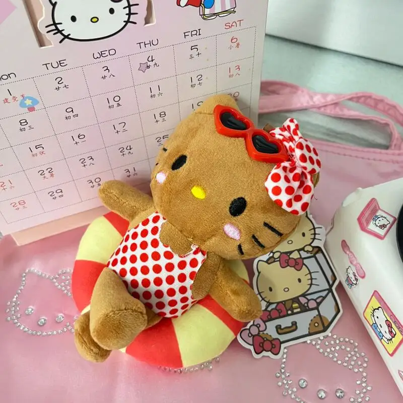 12 cm simpatico cartone animato Kawaii pelle nera cerchio di nuoto con pois Hello Kitty peluche bambola portachiavi borsa ciondolo giocattolo regalo