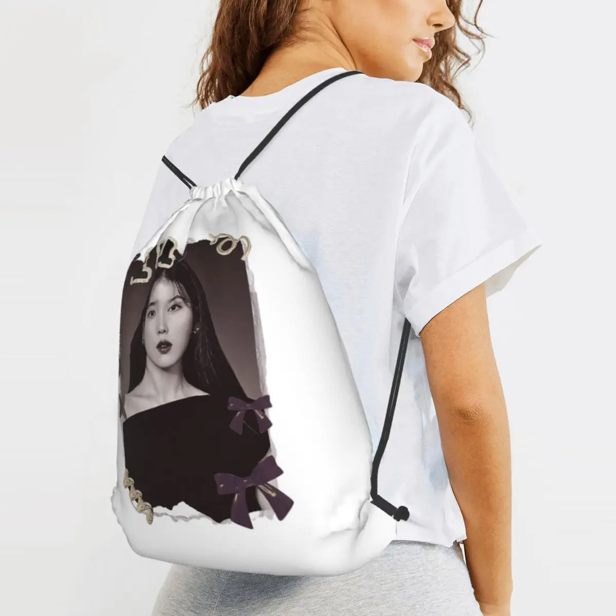 IU Kpop Solo Artist Scrapbook Backpacks Fashion Drawstring Bundle Pocket Sundries Bag Book Bags for Travel School