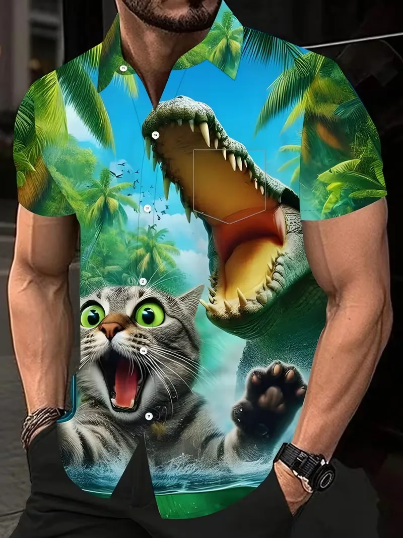 

Men'S Short Sleeve Casual Button Up Hawaiian Shirt Regular Fit Lapel Collar Funny Cat Print Holiday Beach Shirts Aloha Shirt