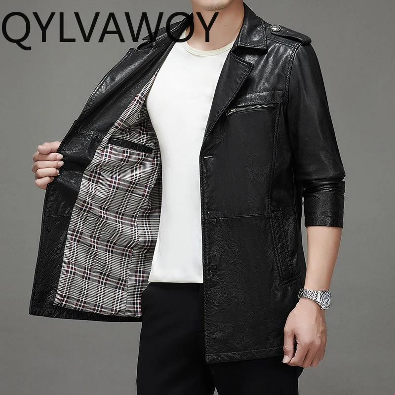 QYLVAWOY Real Cowhide Man Leather Jacket Mid-length Motorcycle Jacket Coat Thin Jackets for Man Spring Autumn Jaqueta De Couro