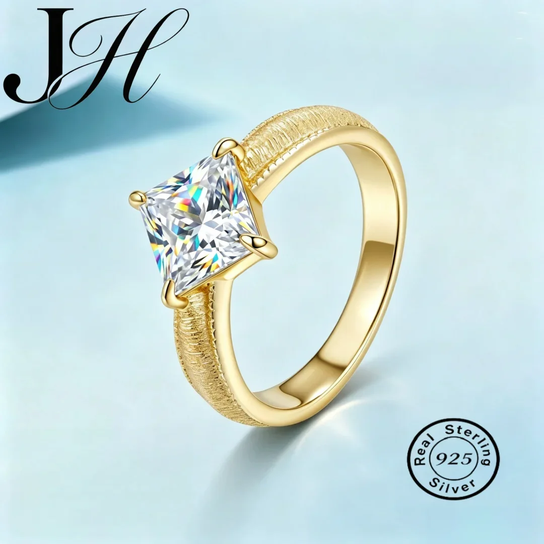 JOIAS HOME 2CT Princess Cut Moissanite Solitaire Ring Fashion Trend Temperament Brushed Design Light Luxury 925 Sterling Silver