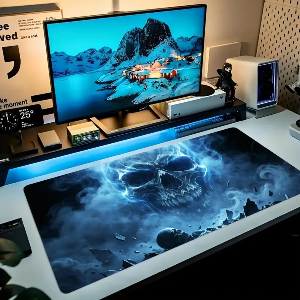 Mysterious Blue Lightning Ghost Skeleton Art Extended Gaming Mouse Pad, Anti-Fade Rubber Desk Mat Dark Fog Skull Print view 2