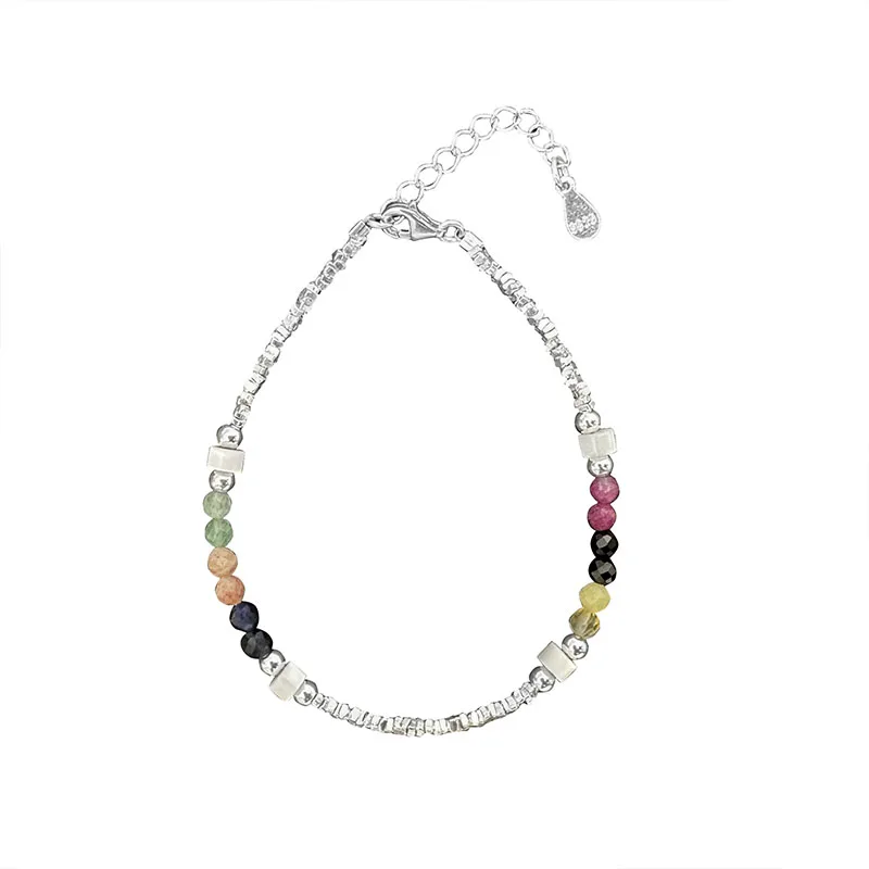 

S925 Sterling Silver Beaded Women's Bracelet Fragmented Silver Colorful Natural Stone Bracelet Fashion Handwear