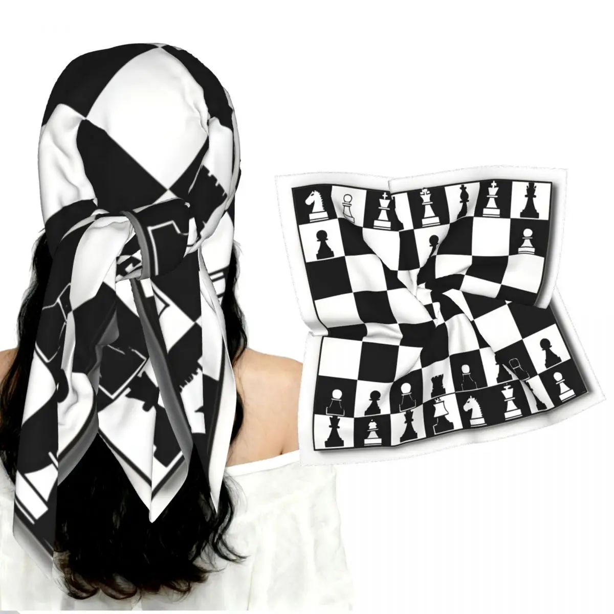Women Imitation Silk Square Scarf Chessboard And Chess Pieces Smooth Satin Kerchief Neck Scarf Head Wrap Bandana Lady Shawl Gift