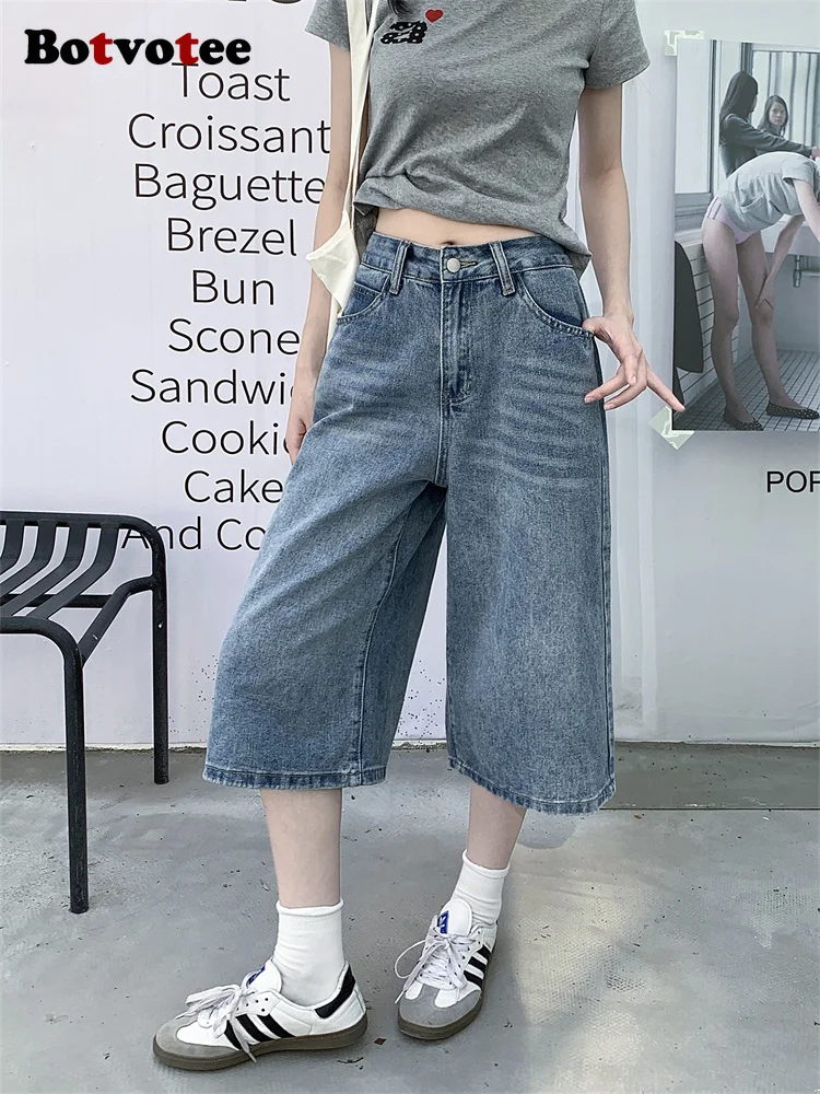 

Botvotee Calf Length Denim Pants High Waisted Baggy Jeans for Women Summer Korean Y2k Fashion Causal Loose Oversized Jeans
