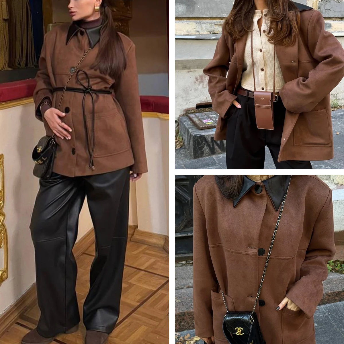 معطف نسائي من جلد الغزال لون الجمل - سترة خريف وشتاء 2025 مع ياقة واقفة سوداء، ملابس خارجية فضفاضة بأكمام طويلة