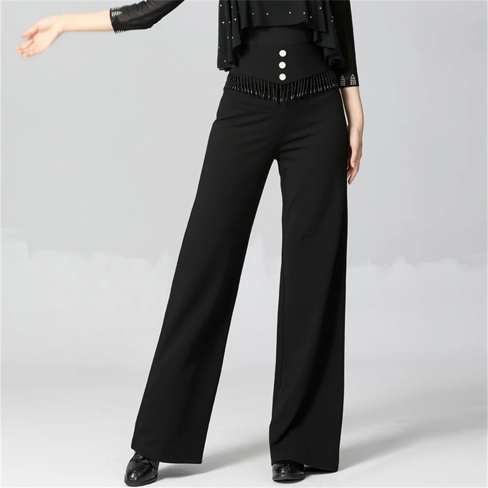 Women's high-waisted Latin dance performance pants Girls Belt beading Cha-cha, Rumba Latin wide leg pants rose color Trousers