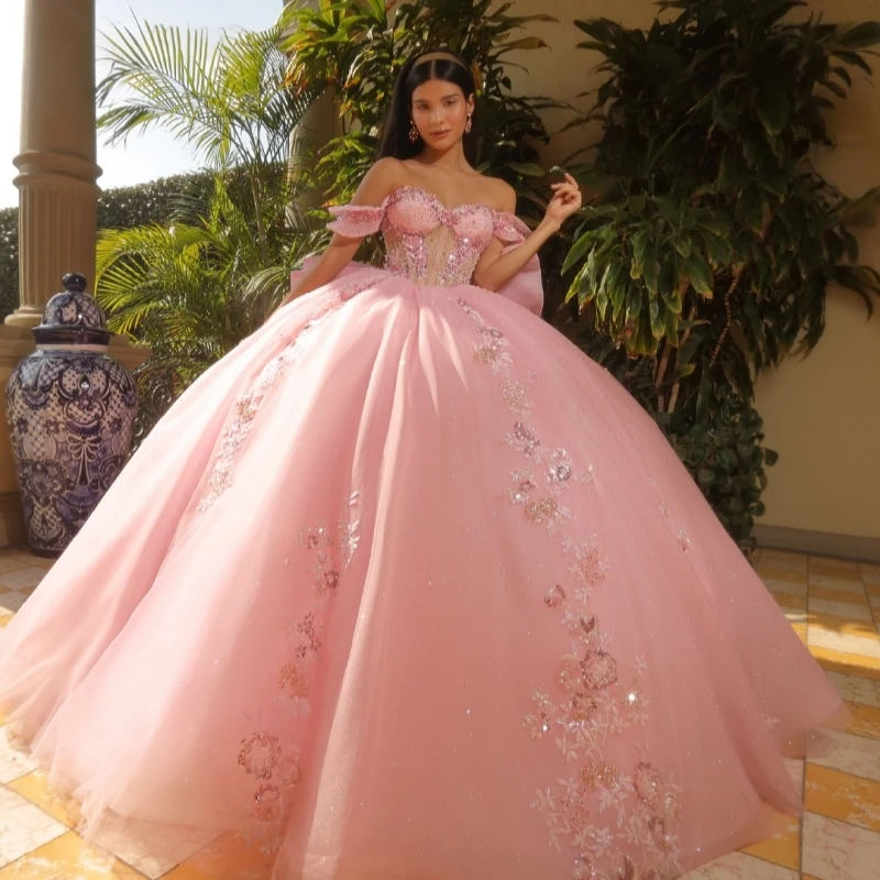 

Розовые блестящие платья Quinceanera с открытыми плечами и блестками, аппликация, кружевной бант, фатиновый корсет, вечерние, день рождения, милое платье 16, Vestidos 15