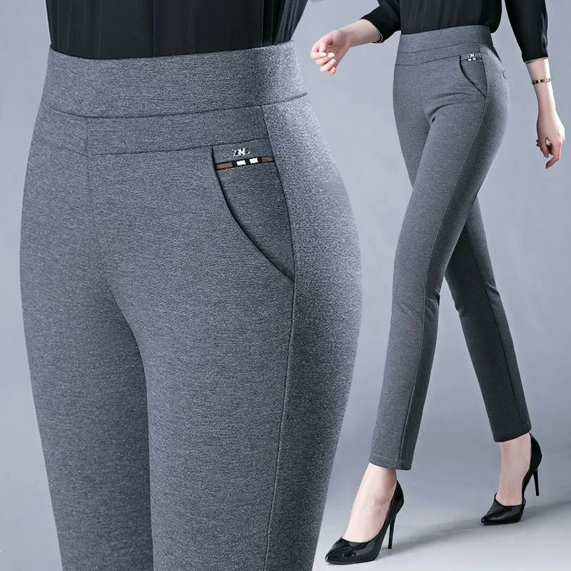 

Spring Winter Elegant High Waist Casual Stretch Slim Middle Aged Women Trousers Ladies Fashion All Match Black Gray Pencil Pants