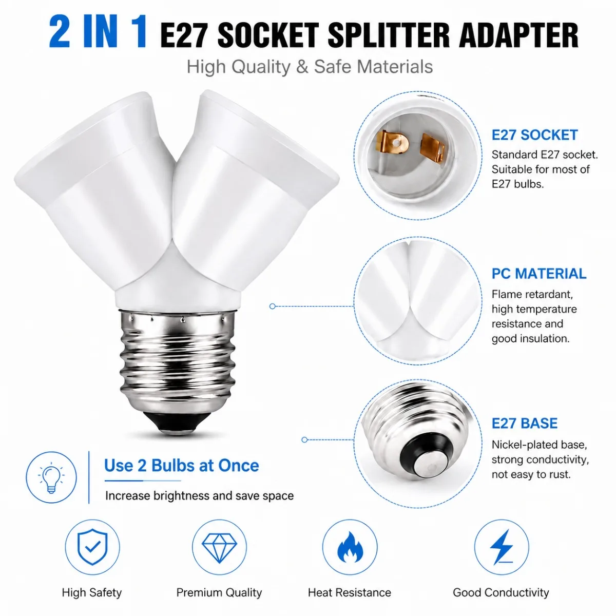 JOYINLED 2 in 1 E27 Socket Splitter Adapter, 2 E27 Base Bulbs in 1 Socket, Y-Shape Lamp Holder Converter Light Bulb Splitter