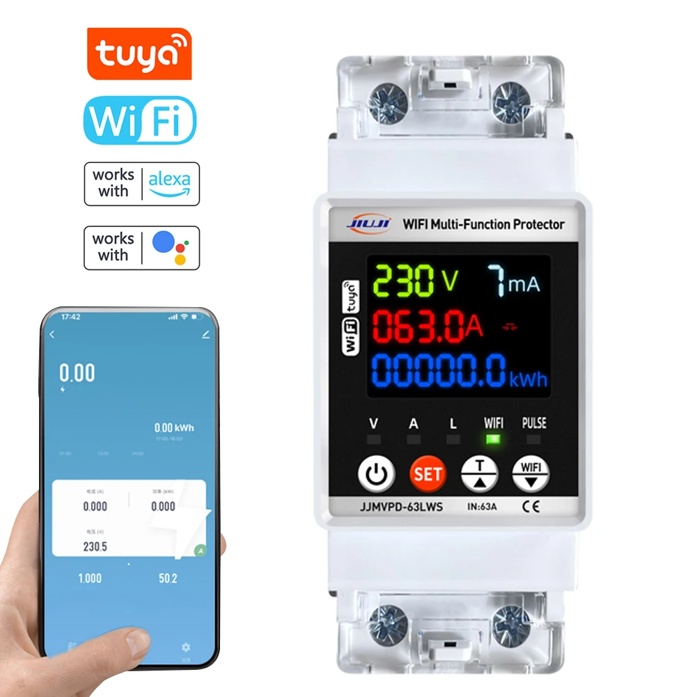 

Автоматический защитный выключатель Tuya с Wi-Fi, умный автоматический выключатель цепи, однофазный, с цифровым дисплеем, защита от утечки