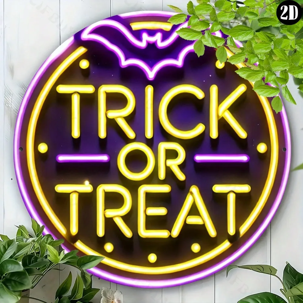 ديكور الهالوين "خدعة أو علاج" نيون 8x8 بوصة علامة معدنية مستديرة - لوحة فنية جدارية متينة من الألومنيوم للمنزل والمكتب وغرفة المعيشة في الأماكن المغلقة