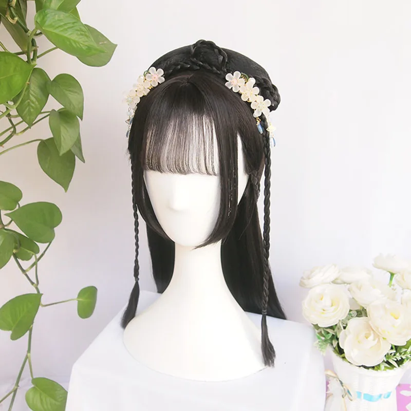 Vintage Wig Chinese Ancient Style Wig Ornament Hanfu Hair Braids of Hair Air Bangs Chinese Qin Han Dynasty Traditional Hairstyle