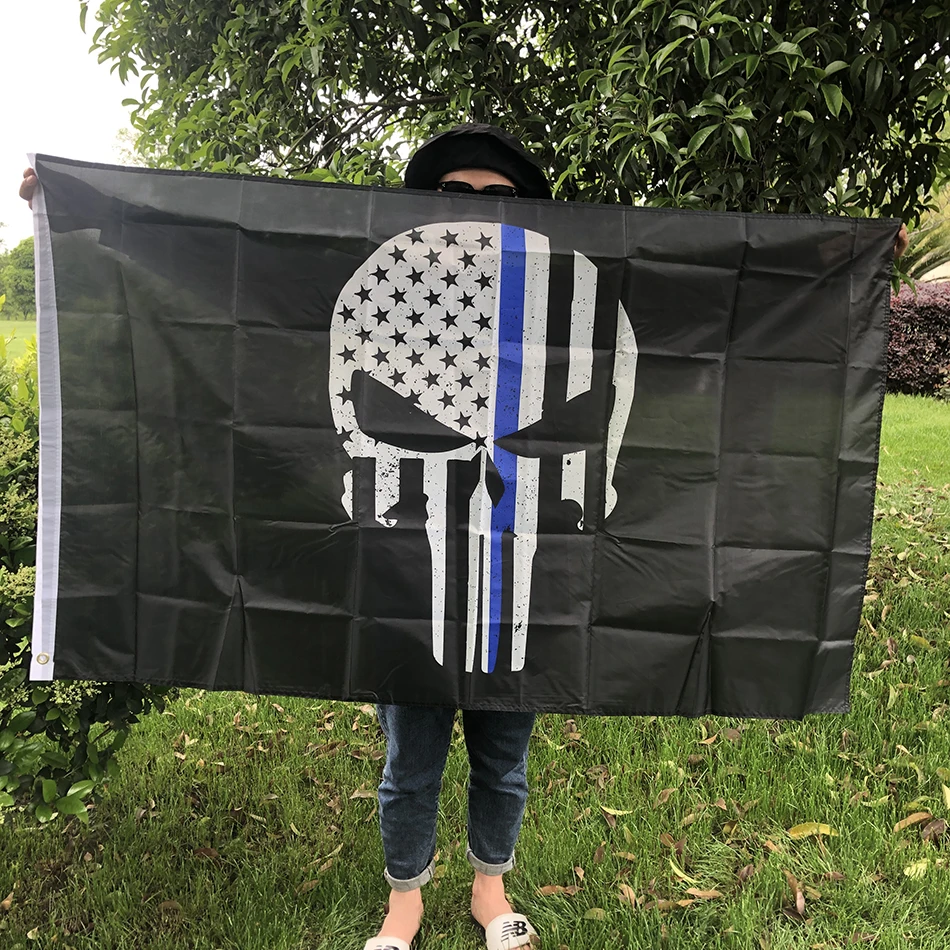 BANDEIRA SKY 90x150cm Bandeira Punisher fina linha azul crânio osso América Punisher Bandeira da polícia 3x5 pés fundo preto decorar banner
