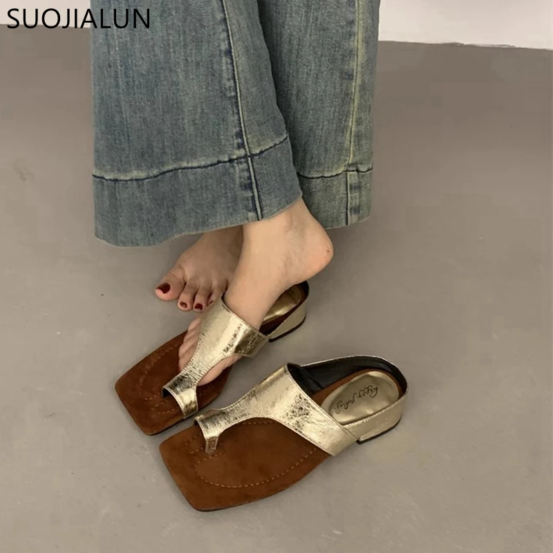 SUOJIALUN-Sandalias de tacón bajo cuadrado para mujer, chanclas elegantes doradas, informales, para verano, 2024