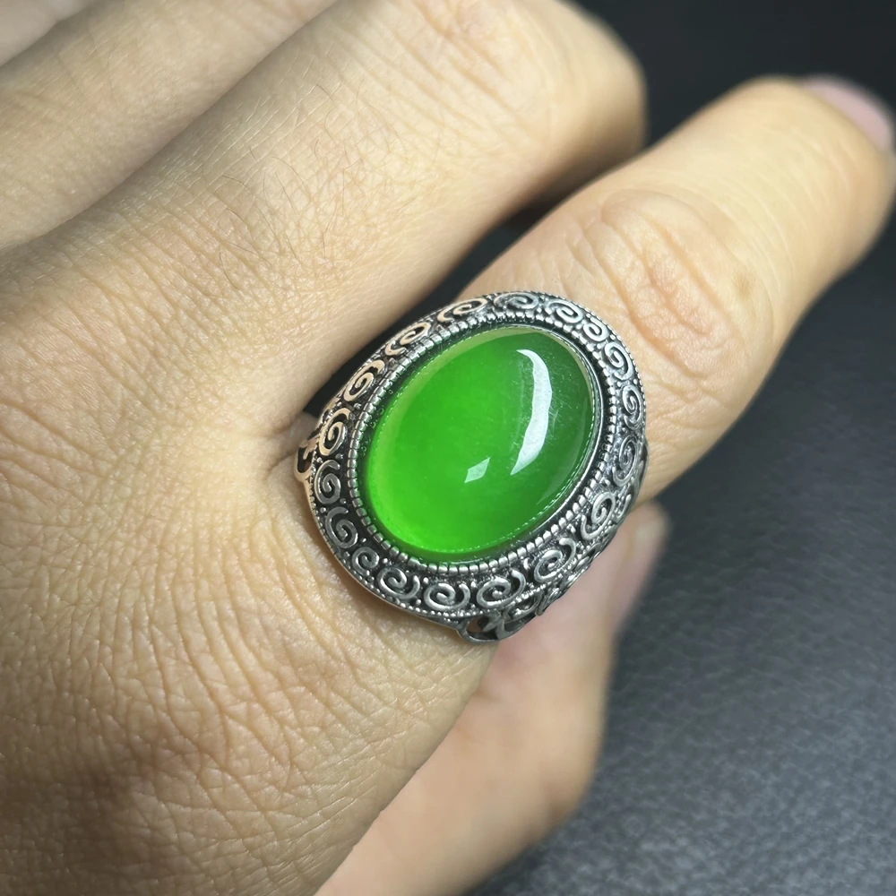 Meisidian 13x18mm Sliver S925 Myanmar Jade Stone Natural Burma Jadeite Man Ring