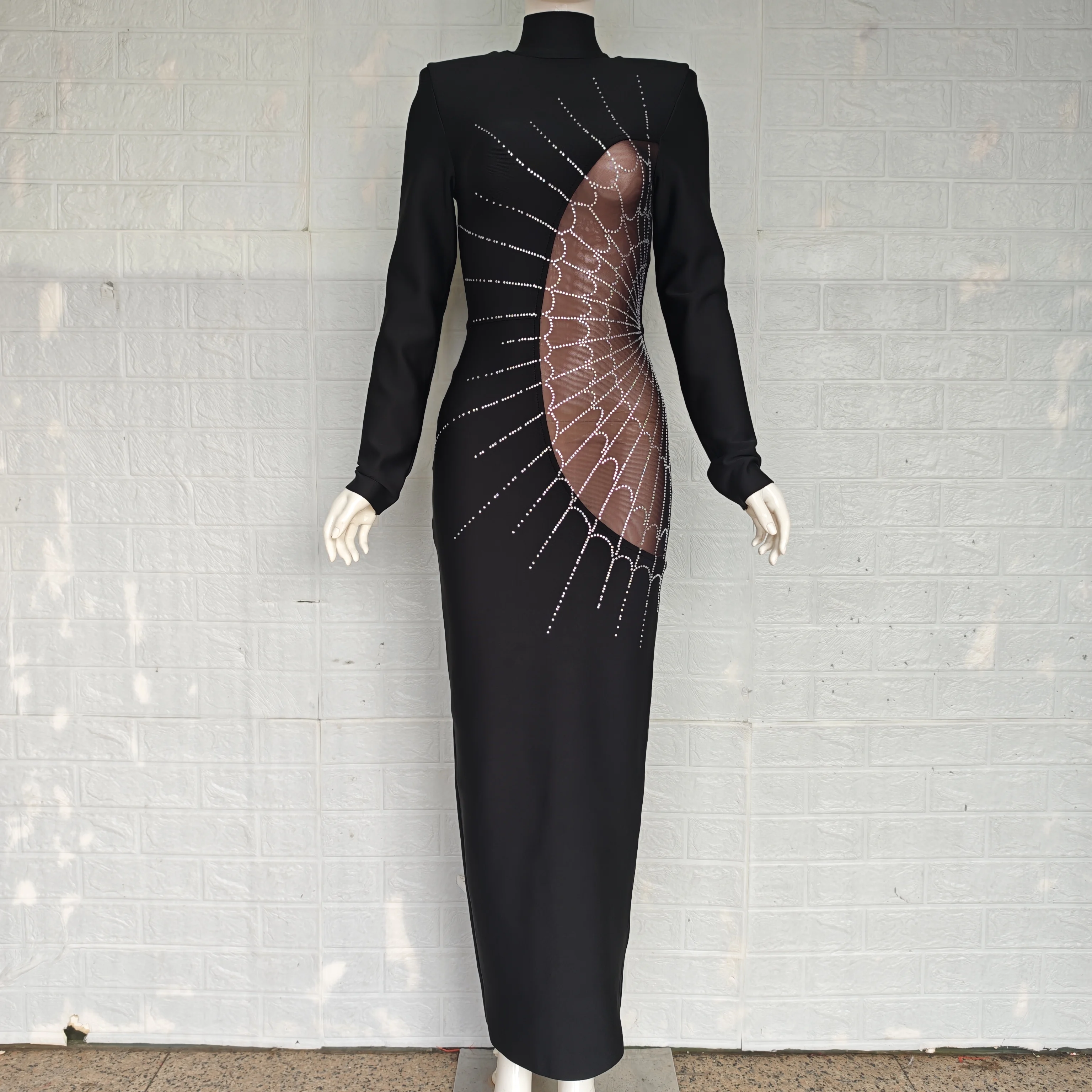 

Black Woman Mesh Waist Bared Bodycon Bandage Dress Spider Web Rhinestones Clothes Dresses Party Birthday Dresses Luxury 2025