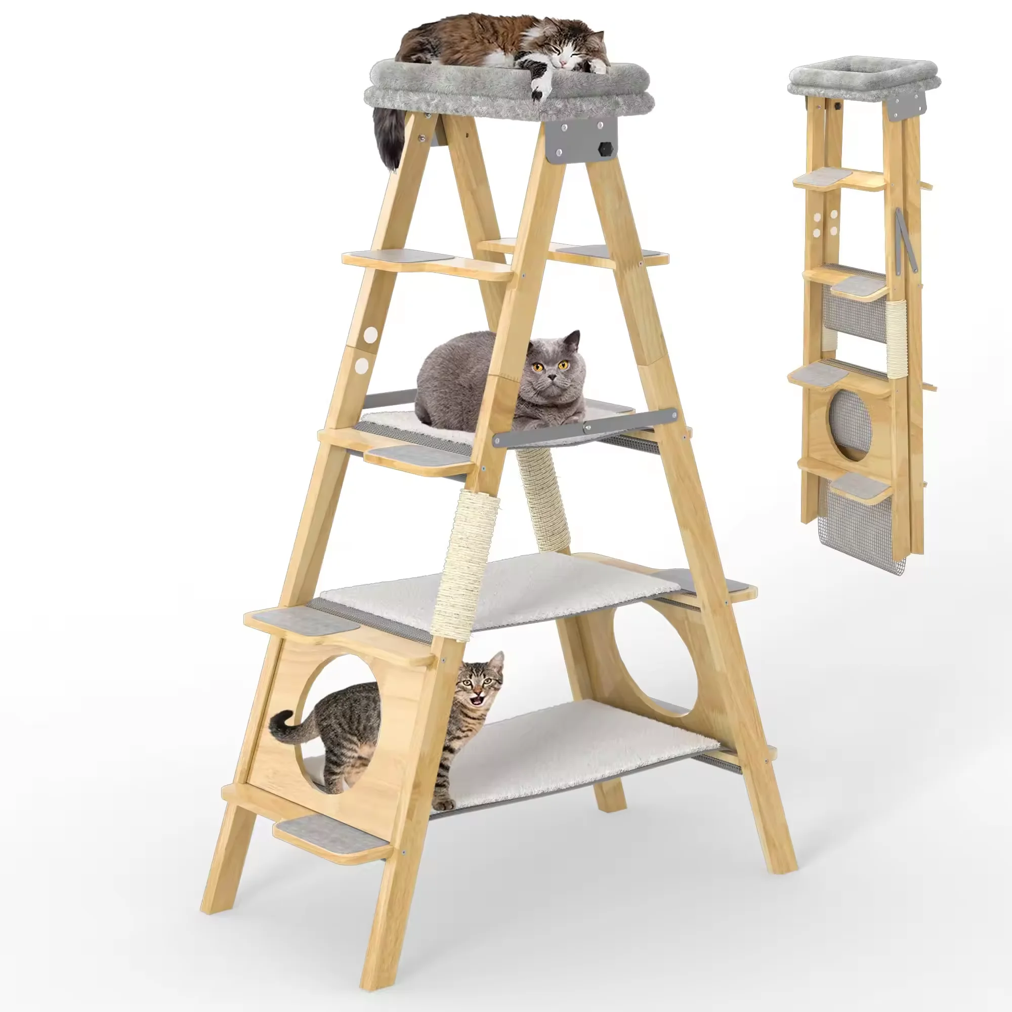 Modern Tall Cat Tower Large Cats Solid Wood Foldable Ladder Design Includes Hammock Sisal Scratch Post Cat Trees Scratcher