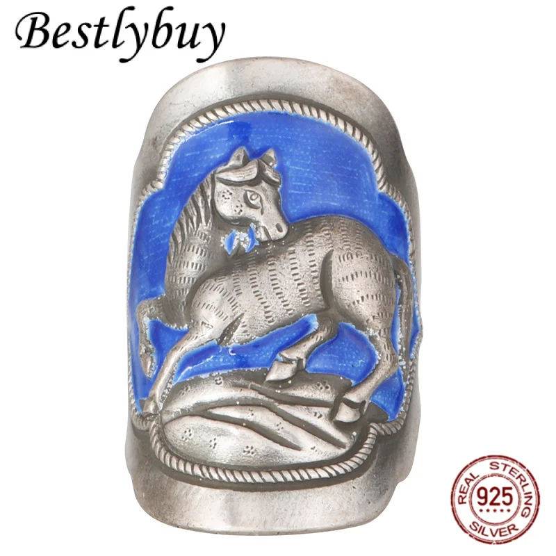 

NEW 990 Silver Retro Enamel Cloisonn é Lucky Horse Men's and Women's Personalized Wide Edition Ring