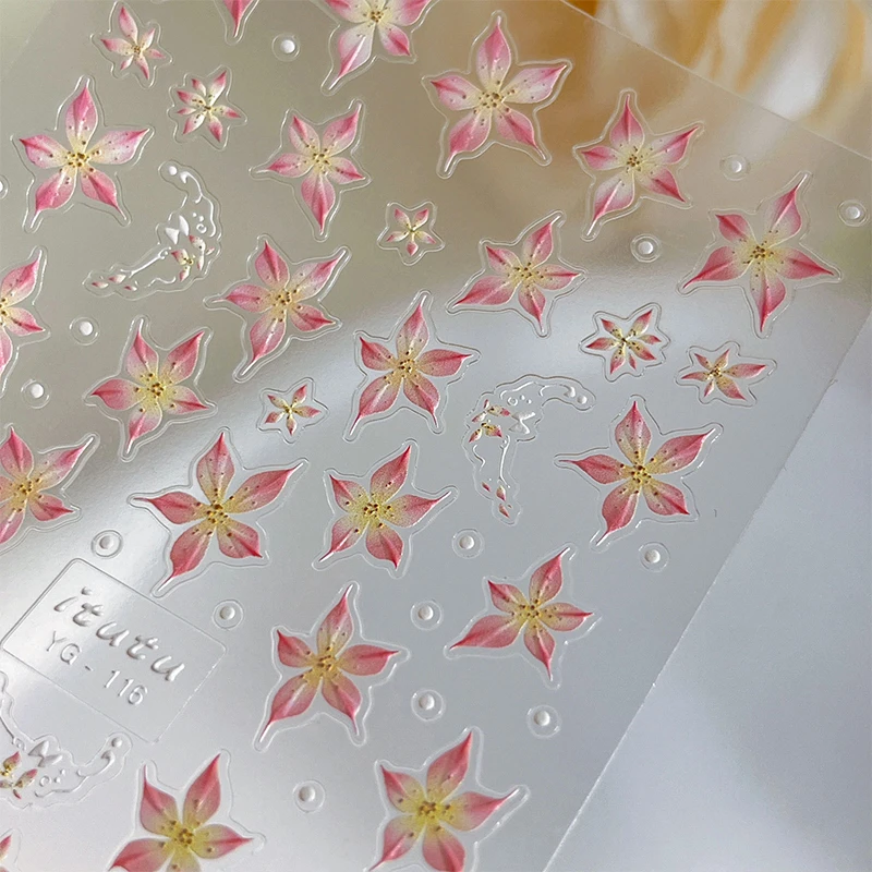 1sheet Pink Lily Flower Nail Sticker Relief 3d Jelly Five Petal Flower Nail Art Decoration Decals Diy Selfadhesive Sliders