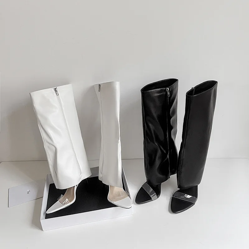 Arden furtado verão transparente pvc virado-over borda calças pernas botas dedo do pé apontado deslizamento-on stilettos salto aberto dedo do pé botas frescas